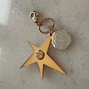 CHANEL Gold Star and Silver Floral Charm Keychain